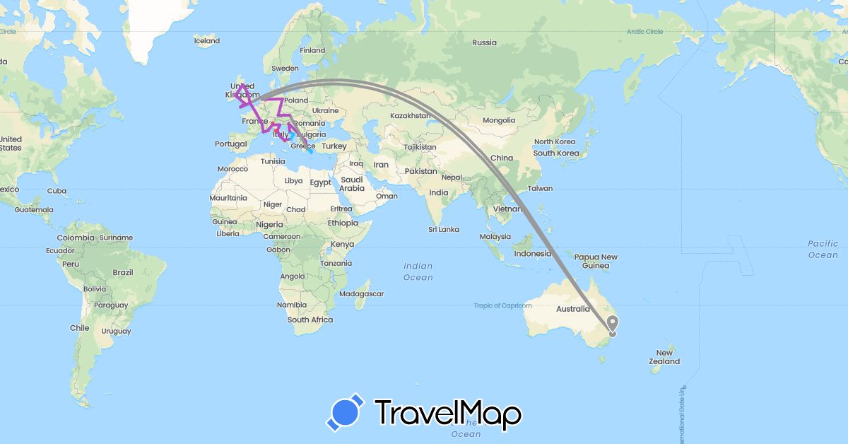 TravelMap itinerary: driving, plane, train, hiking, boat in Austria, Australia, Germany, France, United Kingdom, Greece, Croatia, Ireland, Italy, Monaco, Netherlands (Europe, Oceania)